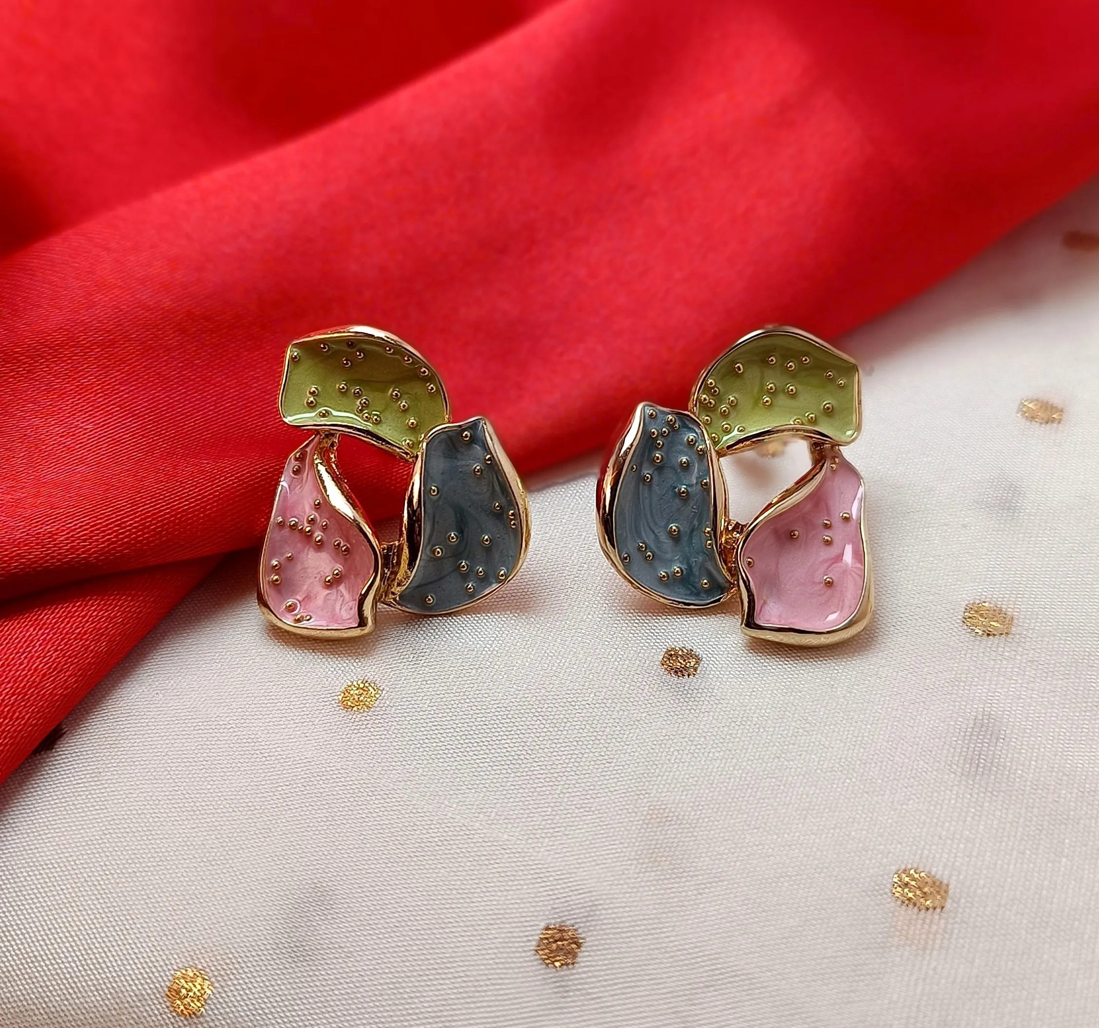 Prism Petal Palette  Green Pink Gray Abstract Enamel Trio Studs | Multi-Color Pastel Korean-Style Earrings